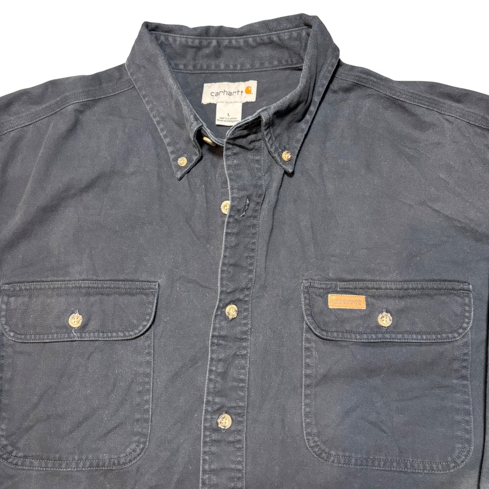 Carhartt Button Down Shirt Mens L Navy Blue Heavy Cotton Twill Workwear Long Slv - Picture 3 of 9